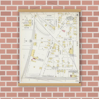 Old map wall art mockup — magnetic wood frame on brick wall — Sanborn Fire Insurance Map from Rushville, Rush County, Indiana (1892), Sheet #0006