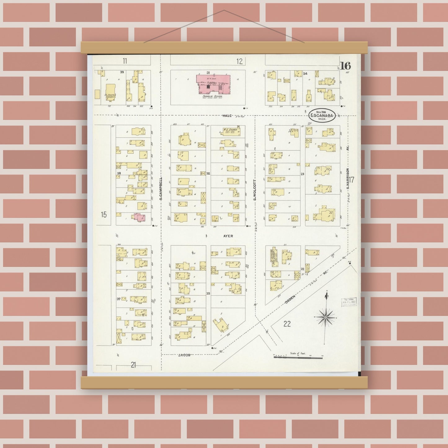 Old map wall art mockup — magnetic wood frame on brick wall — Sanborn Fire Insurance Map from Escanaba, Delta County, Michigan (1906), Sheet #0016