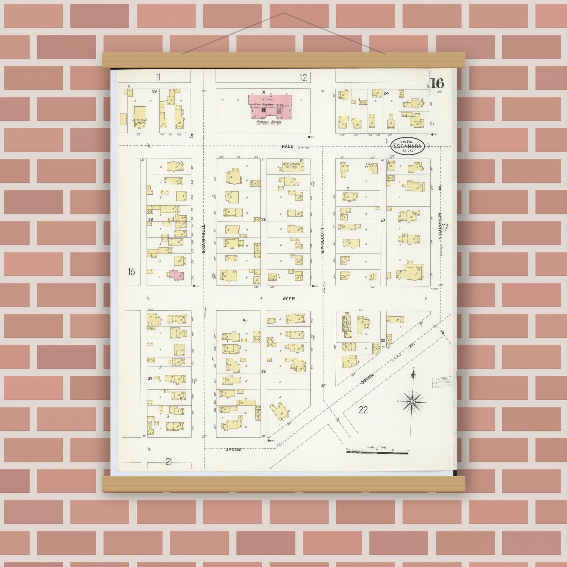 Old map wall art mockup — magnetic wood frame on brick wall — Sanborn Fire Insurance Map from Escanaba, Delta County, Michigan (1906), Sheet #0016