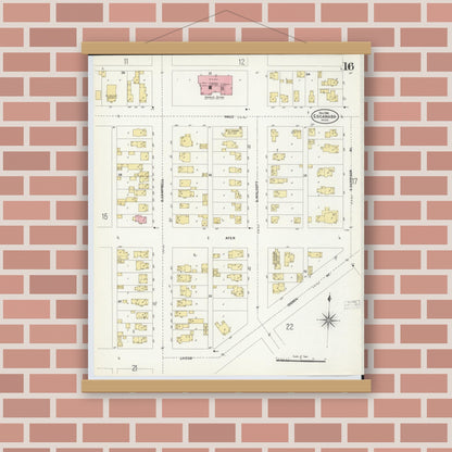 Old map wall art mockup — magnetic wood frame on brick wall — Sanborn Fire Insurance Map from Escanaba, Delta County, Michigan (1906), Sheet #0016