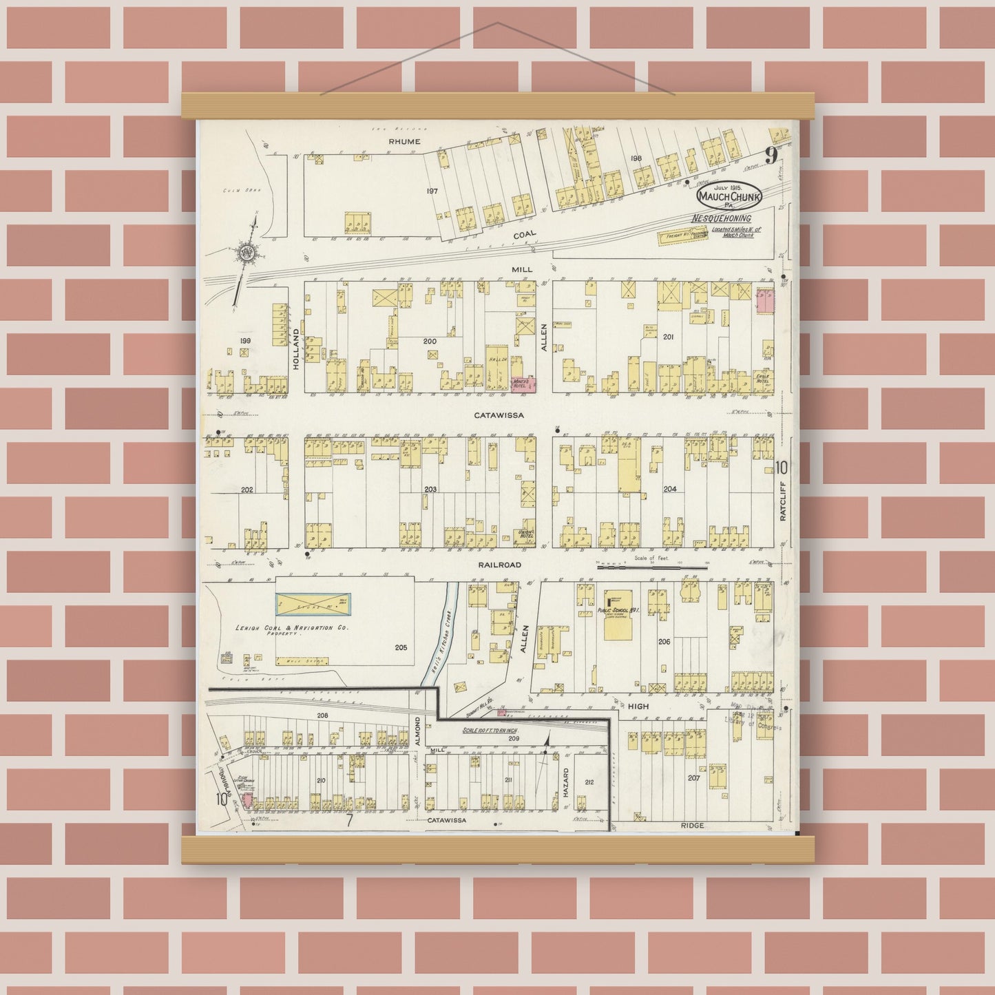 Old map wall art mockup — magnetic wood frame on brick wall — Sanborn Fire Insurance Map from Mauch Chunk, Carbon County, Pennsylvania (1915), Sheet #0009