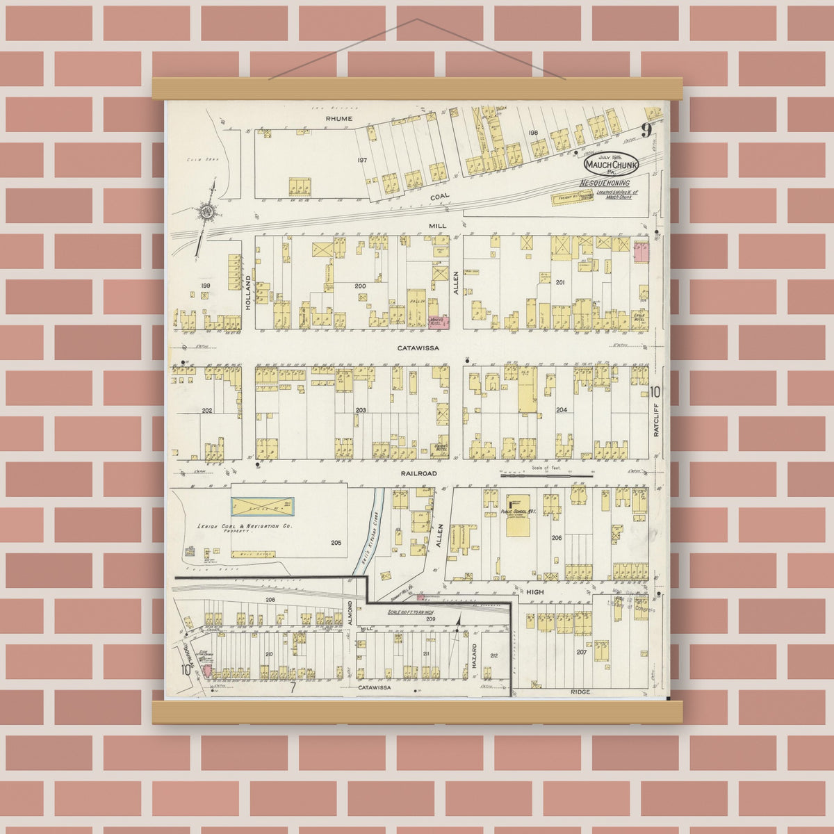 Old map wall art mockup — magnetic wood frame on brick wall — Sanborn Fire Insurance Map from Mauch Chunk, Carbon County, Pennsylvania (1915), Sheet #0009
