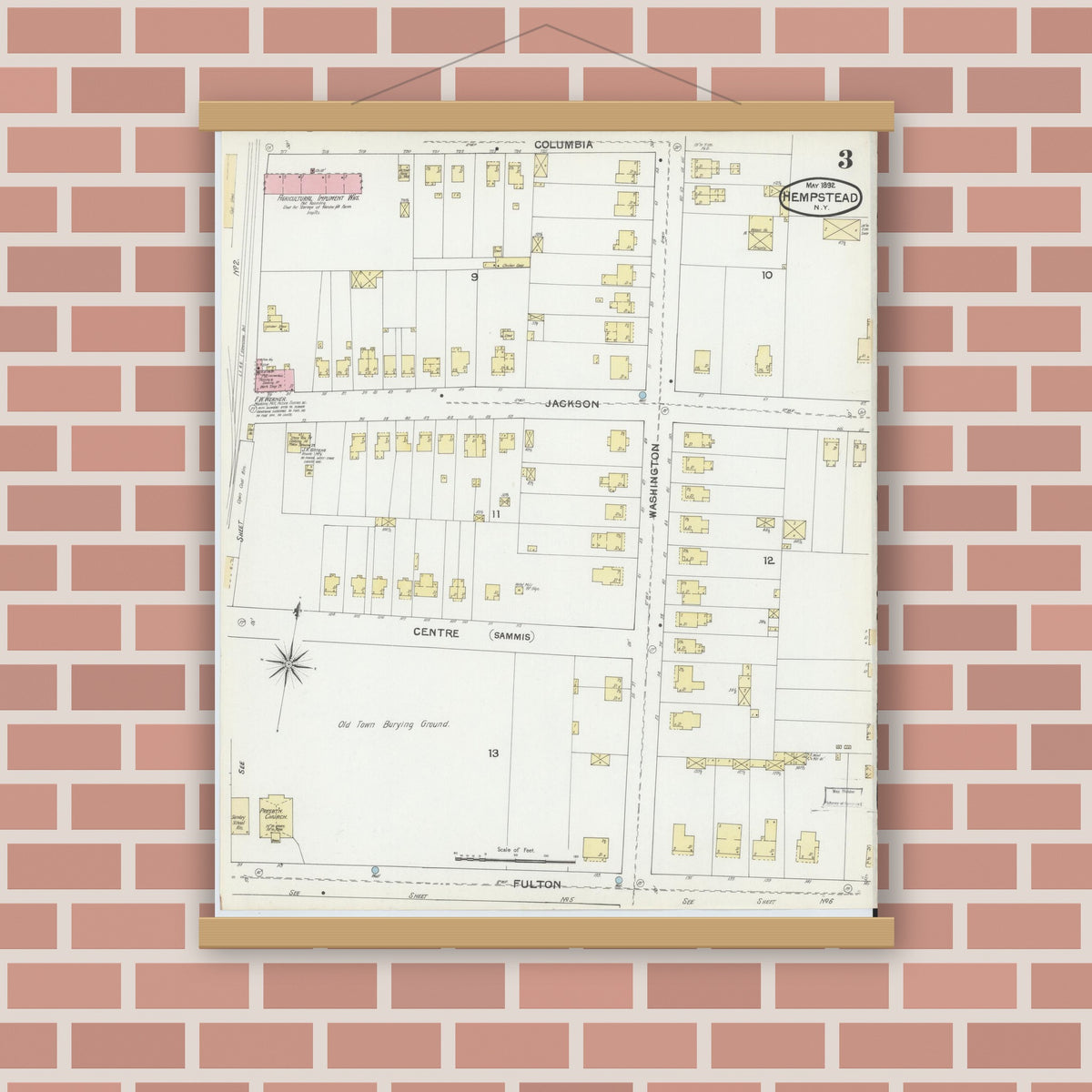 Old map wall art mockup — magnetic wood frame on brick wall — Sanborn Fire Insurance Map from Hempstead, Nassau County, New York (1892), Sheet #0003