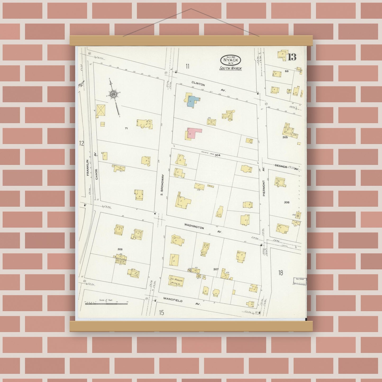 Old map wall art mockup — magnetic wood frame on brick wall — Sanborn Fire Insurance Map from Nyack, Rockland County, New York. (1910), Sheet #0013