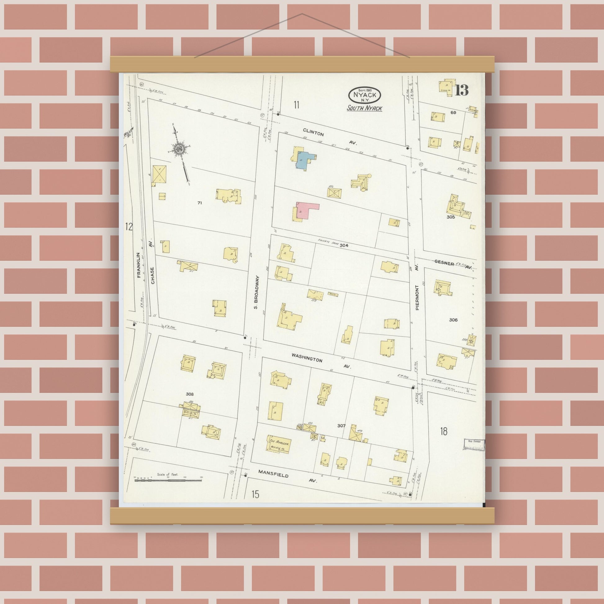 Old map wall art mockup — magnetic wood frame on brick wall — Sanborn Fire Insurance Map from Nyack, Rockland County, New York. (1910), Sheet #0013