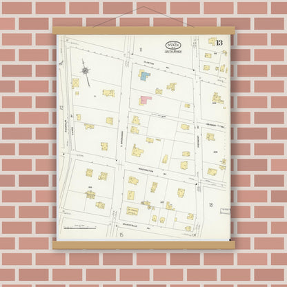 Old map wall art mockup — magnetic wood frame on brick wall — Sanborn Fire Insurance Map from Nyack, Rockland County, New York. (1910), Sheet #0013