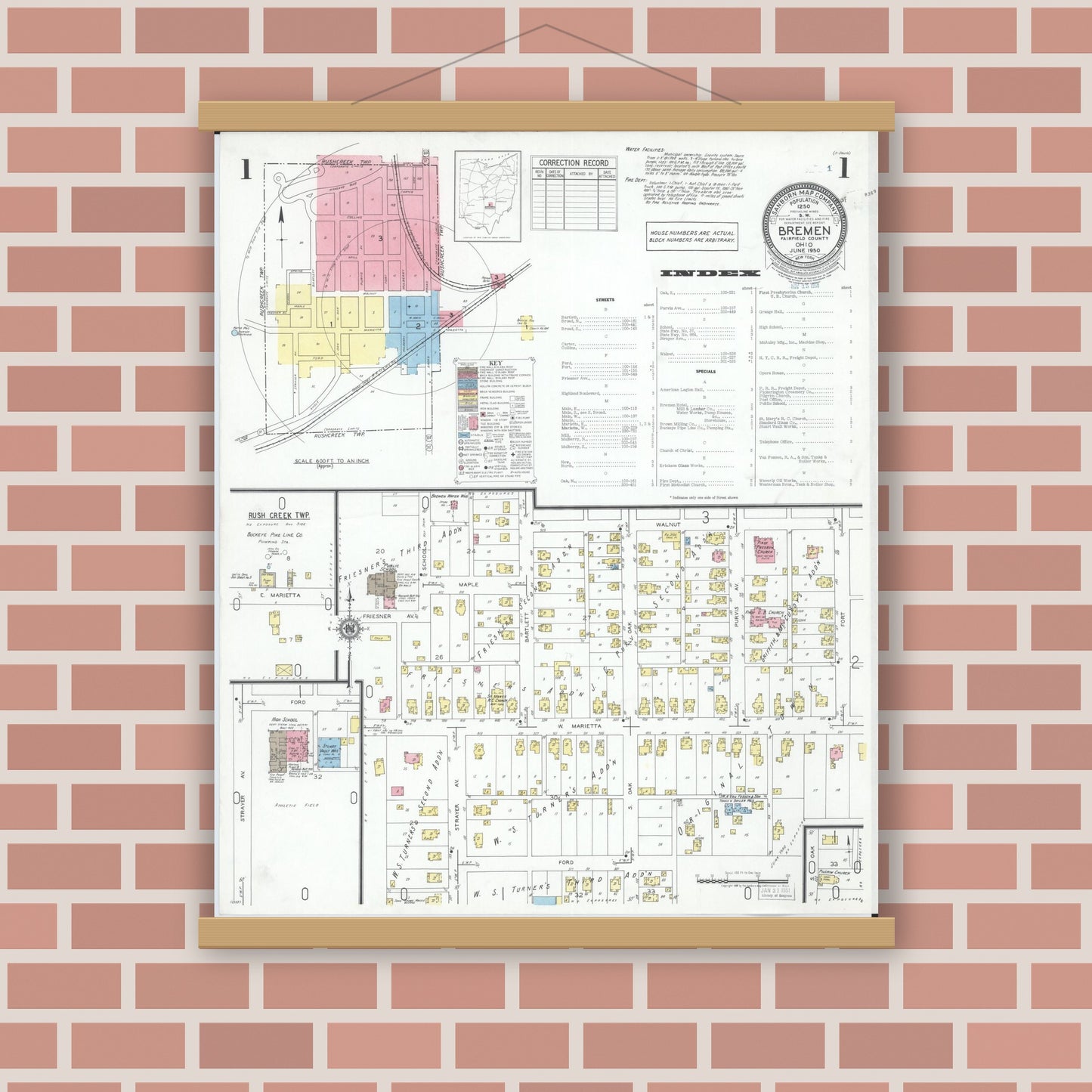 Old map wall art mockup — magnetic wood frame on brick wall — Sanborn Fire Insurance Map from Bremen, Fairfield County, Ohio (1950) - Complete Map Set