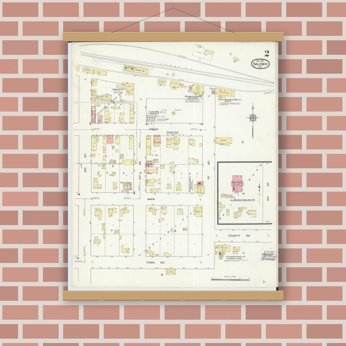 Old map wall art mockup — magnetic wood frame on brick wall — Sanborn Fire Insurance Map from Baldwin, St. Croix County, Wisconsin (1912), Sheet #0002