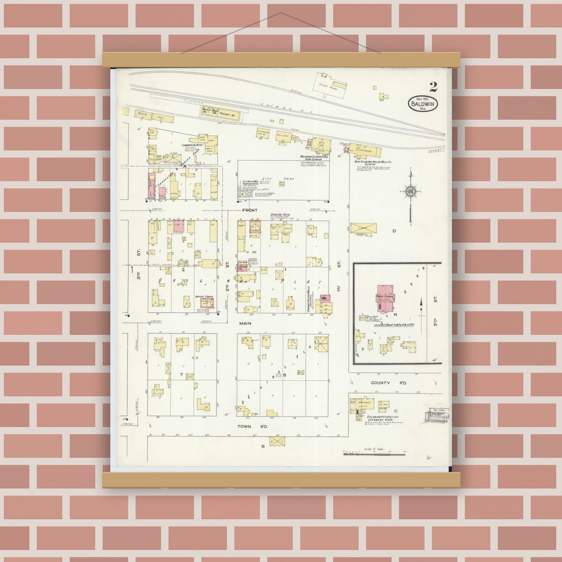 Old map wall art mockup — magnetic wood frame on brick wall — Sanborn Fire Insurance Map from Baldwin, St. Croix County, Wisconsin (1912), Sheet #0002