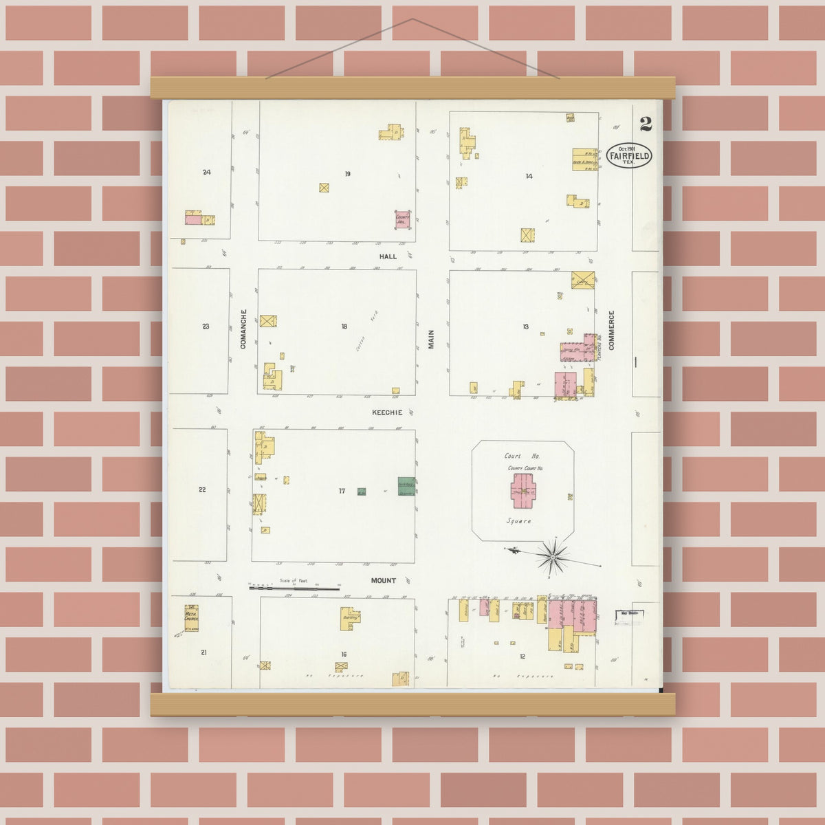 Old map wall art mockup — magnetic wood frame on brick wall — Sanborn Fire Insurance Map from Fairfield, Freestone County, Texas (1901), Sheet #0002
