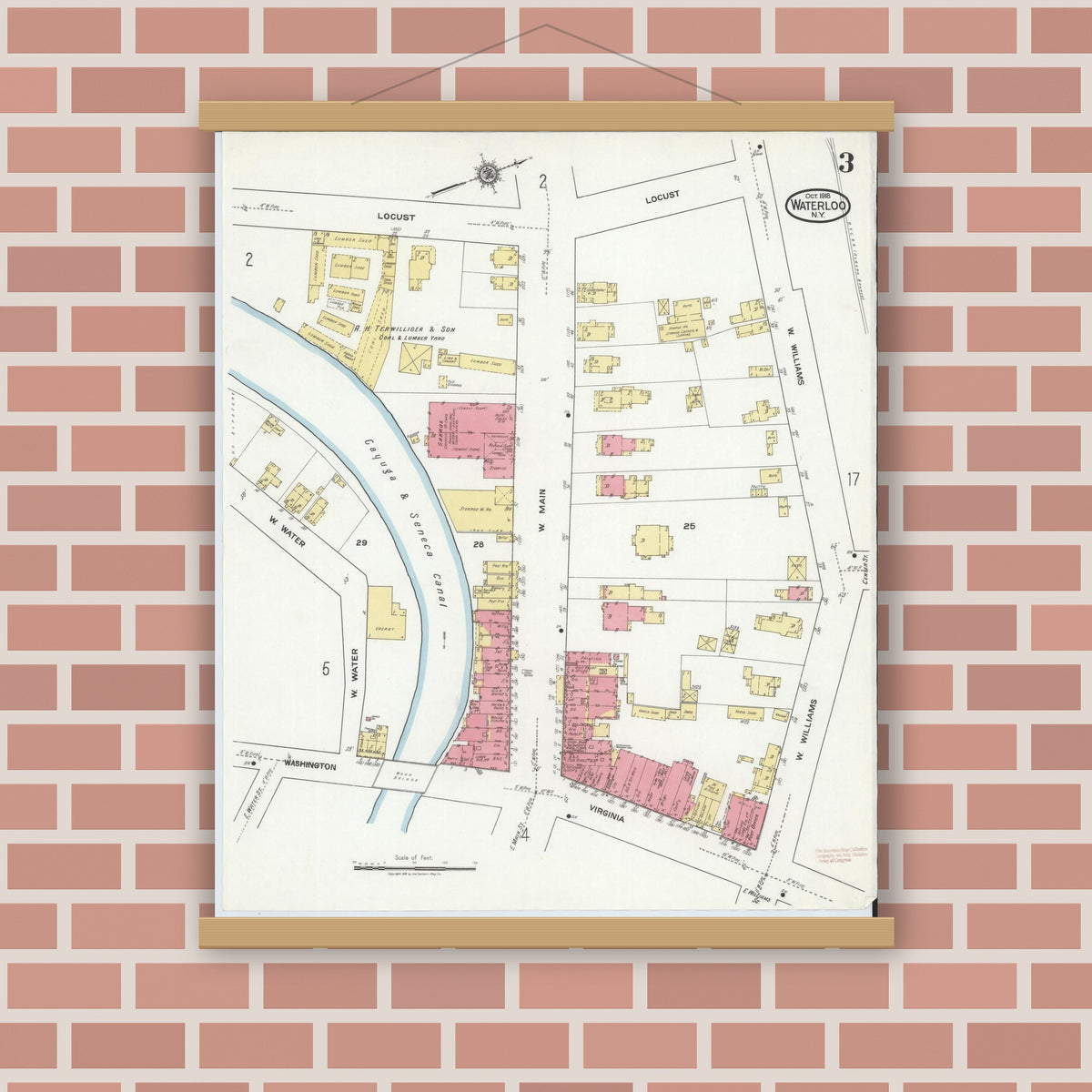 Old map wall art mockup — magnetic wood frame on brick wall — Sanborn Fire Insurance Map from Waterloo, Seneca County, New York (1918), Sheet #0003