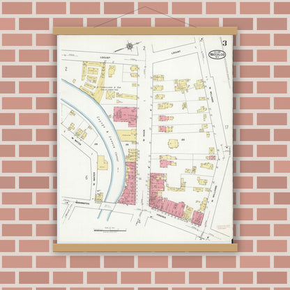 Old map wall art mockup — magnetic wood frame on brick wall — Sanborn Fire Insurance Map from Waterloo, Seneca County, New York (1918), Sheet #0003