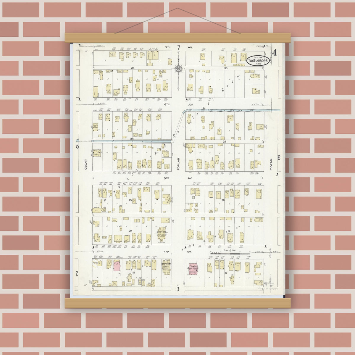 Old map wall art mockup — magnetic wood frame on brick wall — Sanborn Fire Insurance Map from Two Harbors, Lake County, Minnesota (1914), Sheet #0004