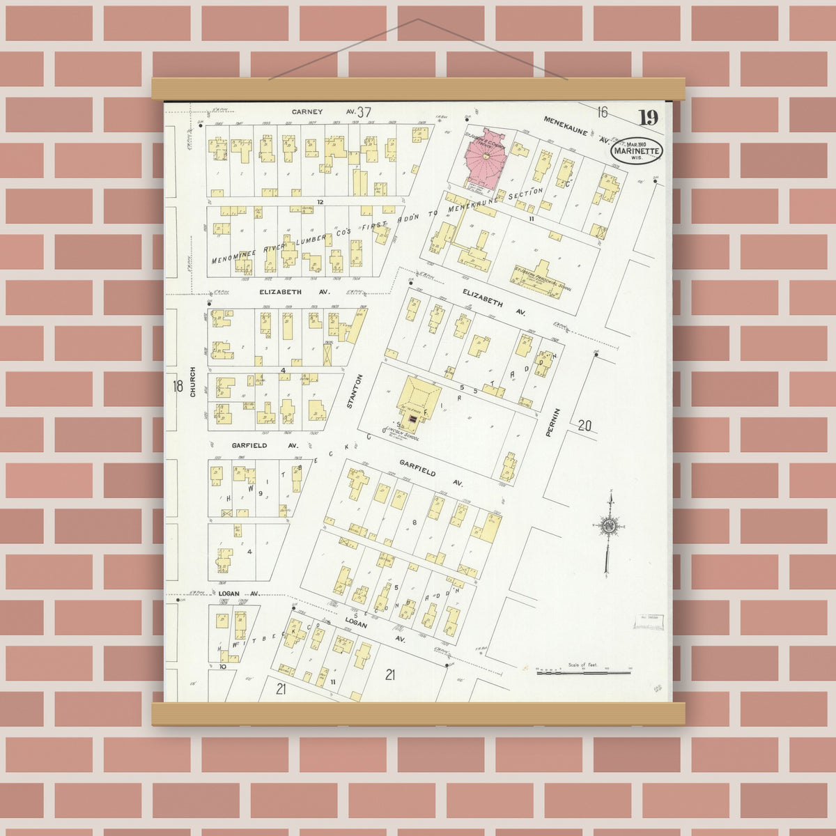 Old map wall art mockup — magnetic wood frame on brick wall — Sanborn Fire Insurance Map from Marinette, Marinette County, Wisconsin (1910), Sheet #0019