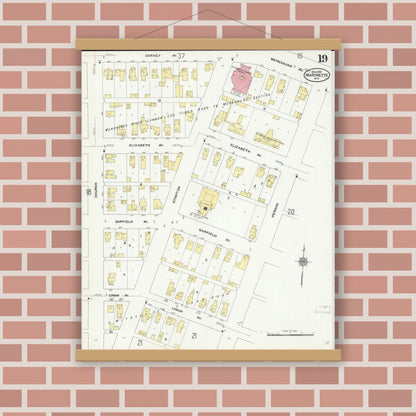 Old map wall art mockup — magnetic wood frame on brick wall — Sanborn Fire Insurance Map from Marinette, Marinette County, Wisconsin (1910), Sheet #0019