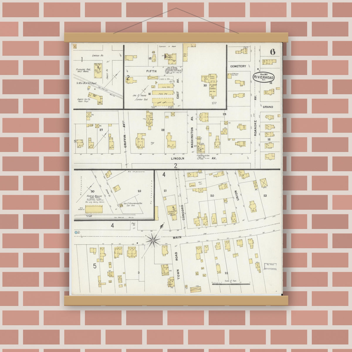 Old map wall art mockup — magnetic wood frame on brick wall — Sanborn Fire Insurance Map from Riverhead, Suffolk County, New York (1897), Sheet #0006