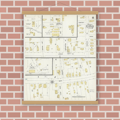 Old map wall art mockup — magnetic wood frame on brick wall — Sanborn Fire Insurance Map from Riverhead, Suffolk County, New York (1897), Sheet #0006