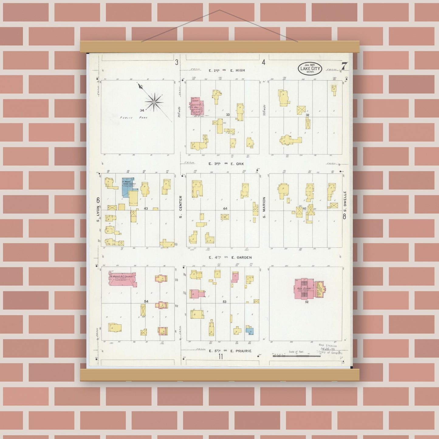 Old map wall art mockup — magnetic wood frame on brick wall — Sanborn Fire Insurance Map from Lake City, Wabasha County, Minnesota (1909), Sheet #0007