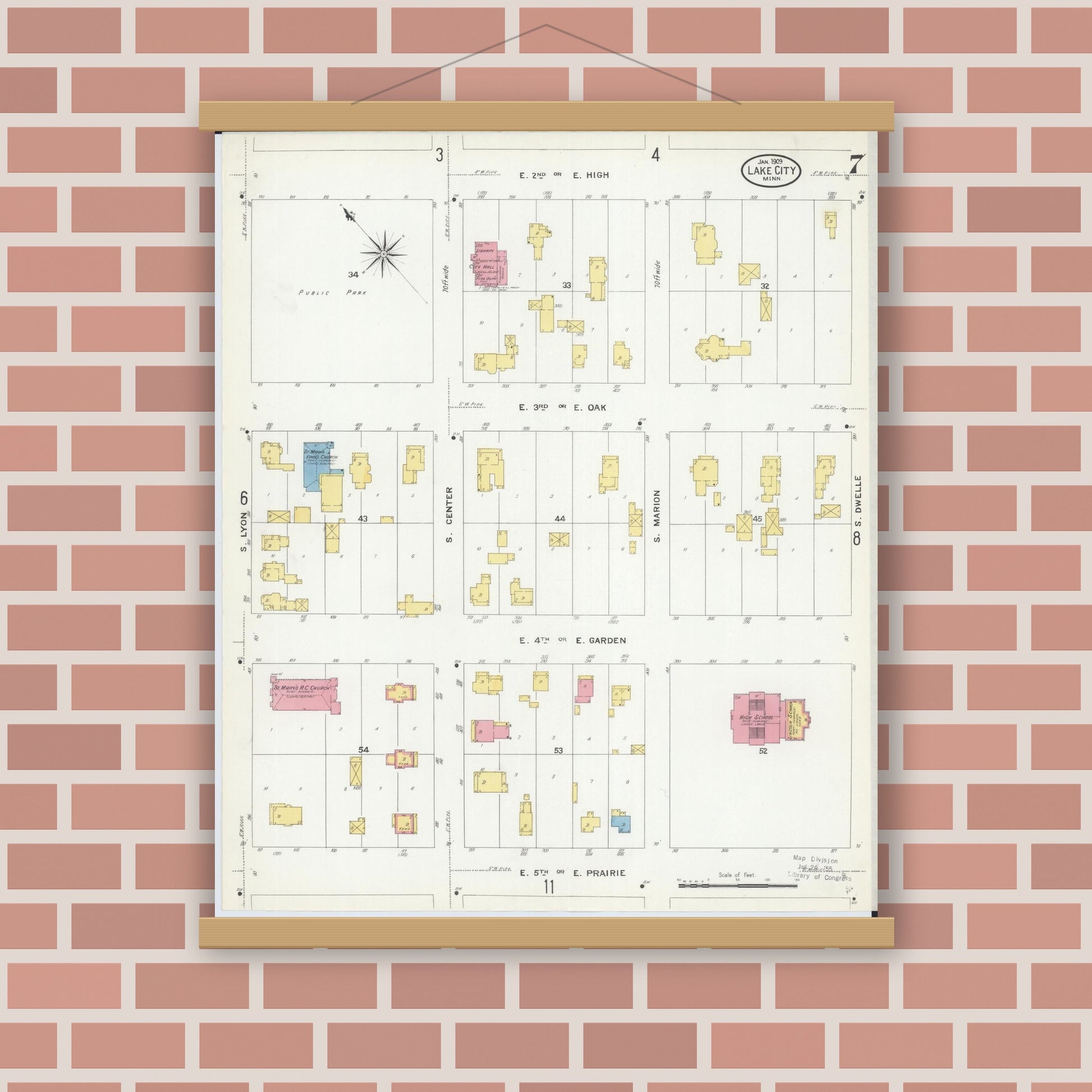 Old map wall art mockup — magnetic wood frame on brick wall — Sanborn Fire Insurance Map from Lake City, Wabasha County, Minnesota (1909), Sheet #0007