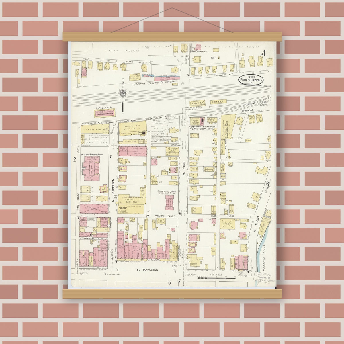 Old map wall art mockup — magnetic wood frame on brick wall — Sanborn Fire Insurance Map from Punxsutawney, Jefferson County, Pennsylvania (1912), Sheet #0004