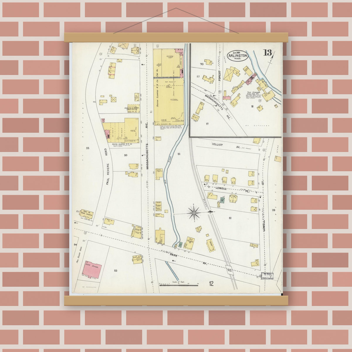 Old map wall art mockup — magnetic wood frame on brick wall — Sanborn Fire Insurance Map from Arlington, Middlesex County, Massachusetts (1903), Sheet #0013