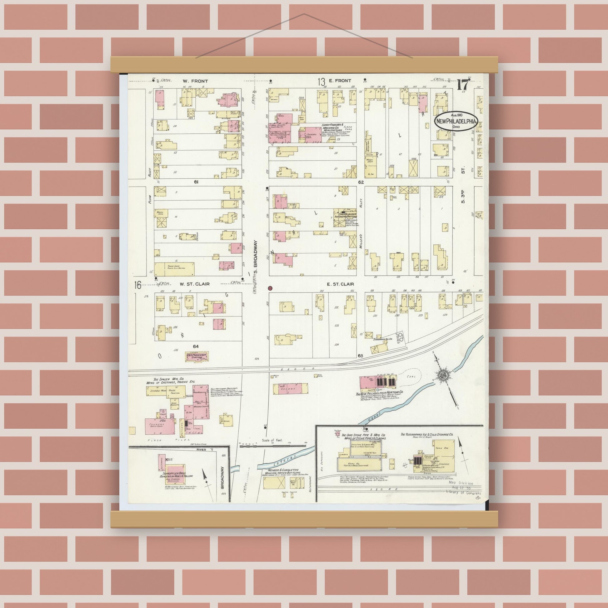 Old map wall art mockup — magnetic wood frame on brick wall — Sanborn Fire Insurance Map from New Philadelphia, Tuscarawas County, Ohio (1910), Sheet #0017