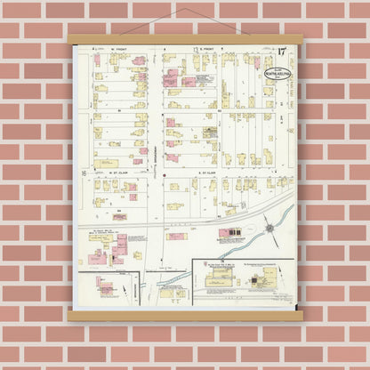 Old map wall art mockup — magnetic wood frame on brick wall — Sanborn Fire Insurance Map from New Philadelphia, Tuscarawas County, Ohio (1910), Sheet #0017