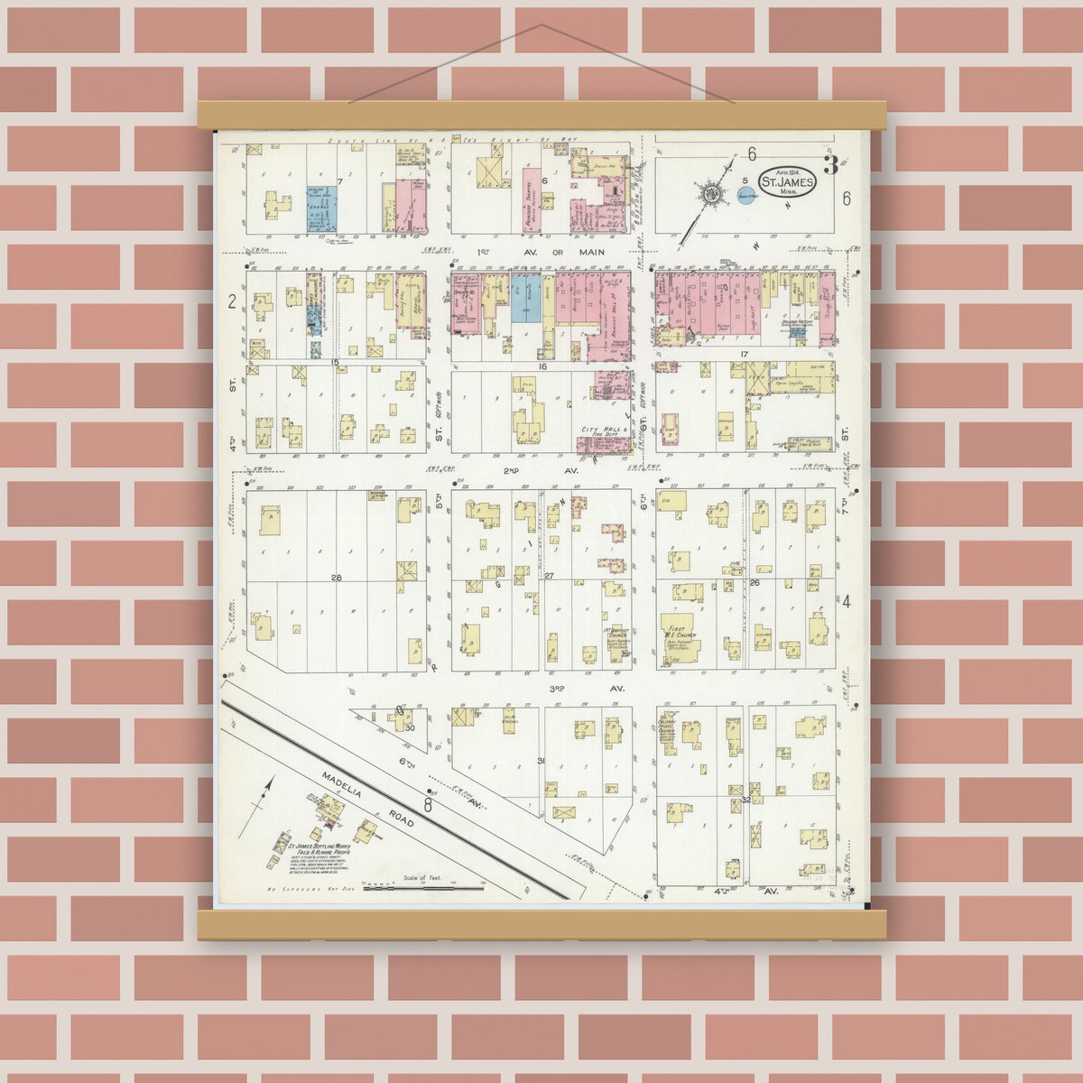 Old map wall art mockup — magnetic wood frame on brick wall — Sanborn Fire Insurance Map from Saint James, Watonwan County, Minnesota (1914), Sheet #0003