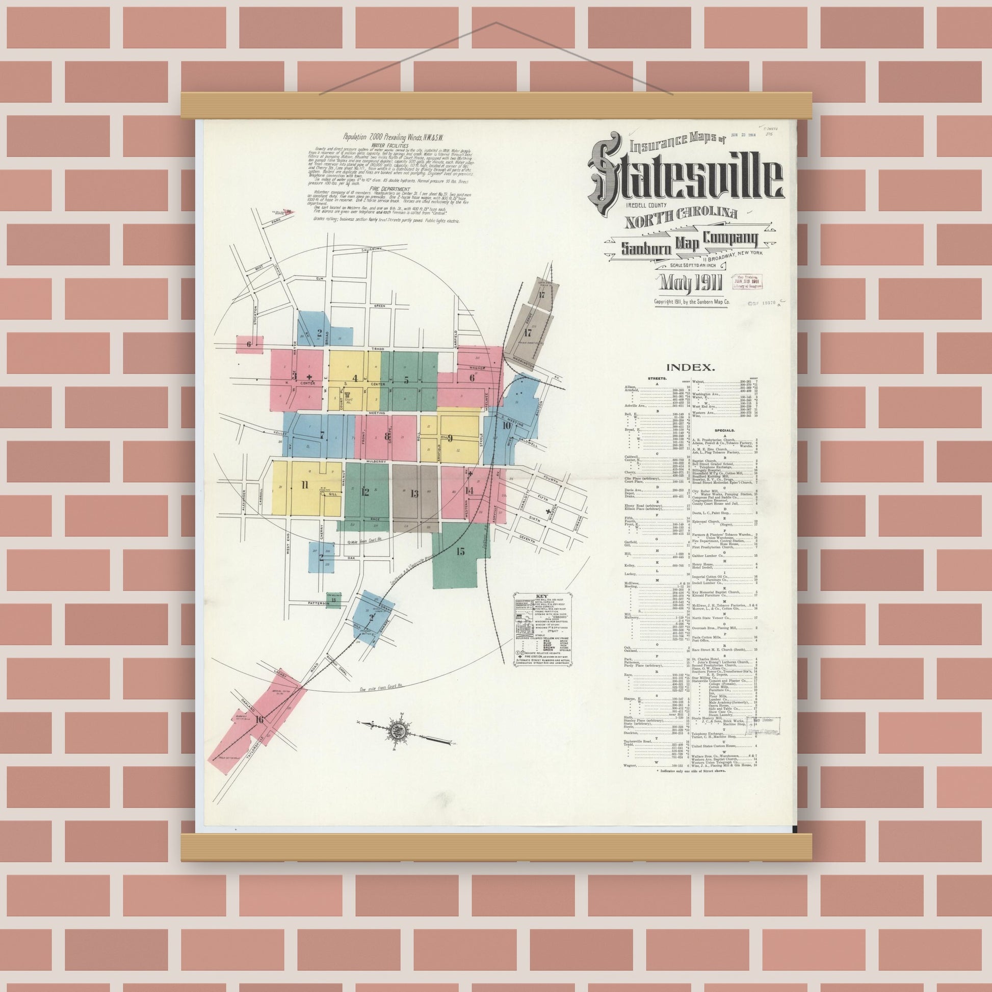 Old map wall art mockup — magnetic wood frame on brick wall — Sanborn Fire Insurance Map from Statesville, Iredell County, North Carolina (1911) - Complete Map Set