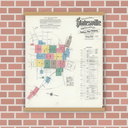 Old map wall art mockup — magnetic wood frame on brick wall — Sanborn Fire Insurance Map from Statesville, Iredell County, North Carolina (1911) - Complete Map Set