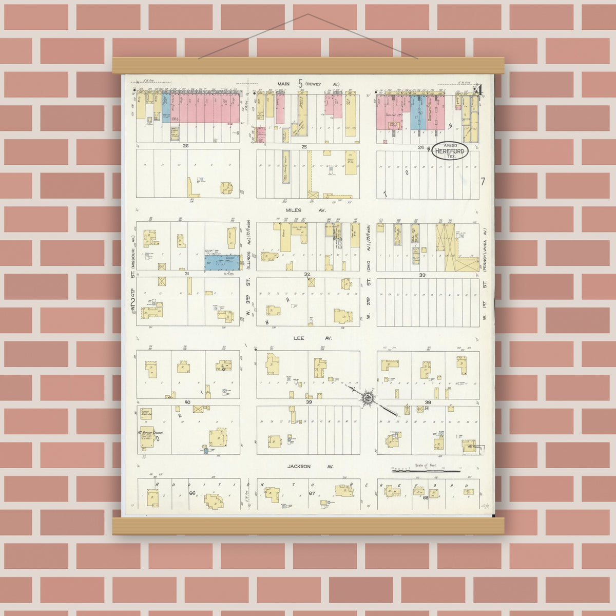 Old map wall art mockup — magnetic wood frame on brick wall — Sanborn Fire Insurance Map from Hereford, Deaf Smith County, Texas (1913), Sheet #0004