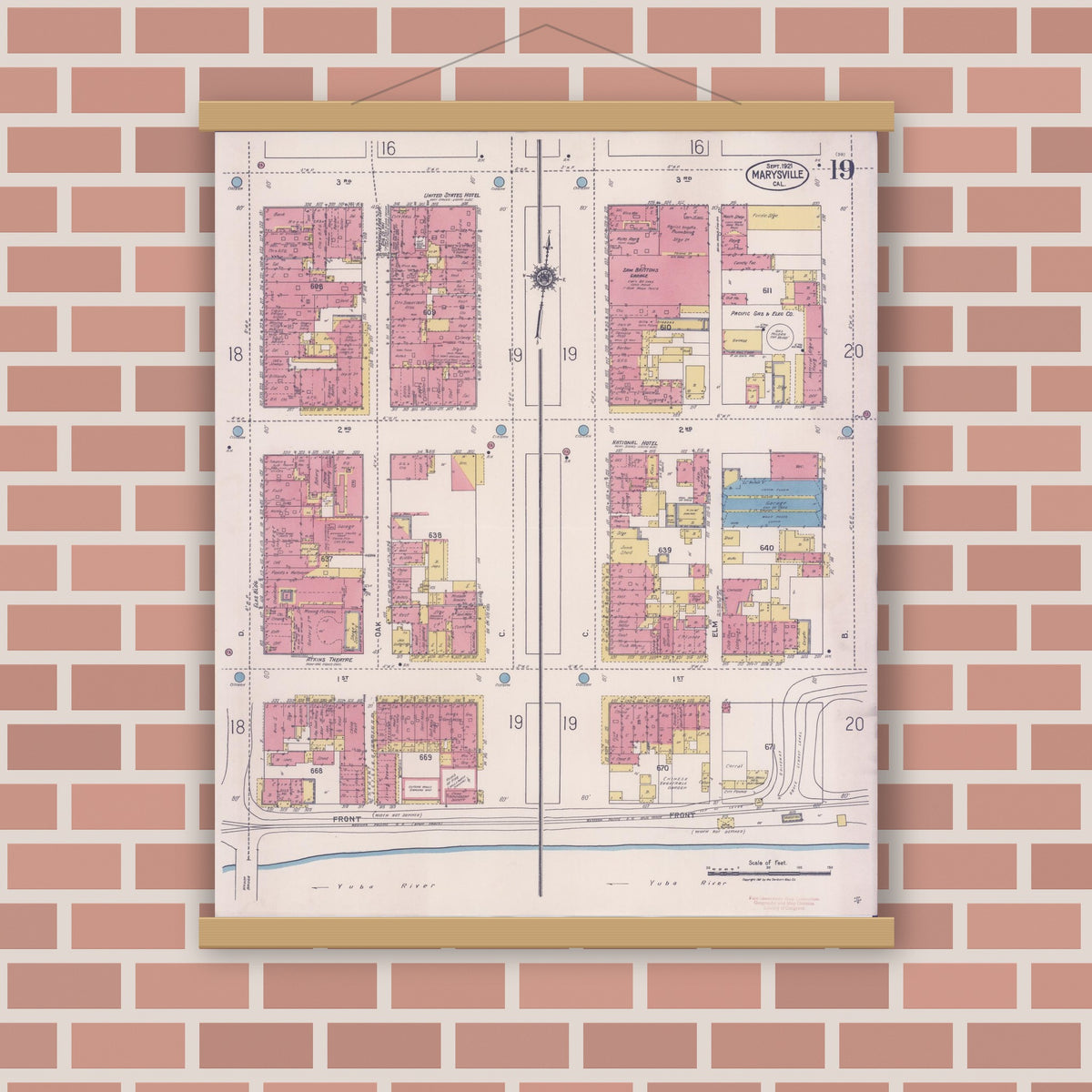 Old map wall art mockup — magnetic wood frame on brick wall — Sanborn Fire Insurance Map from Marysville, Yuba County, California (1921), Sheet #0019