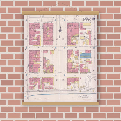 Old map wall art mockup — magnetic wood frame on brick wall — Sanborn Fire Insurance Map from Marysville, Yuba County, California (1921), Sheet #0019
