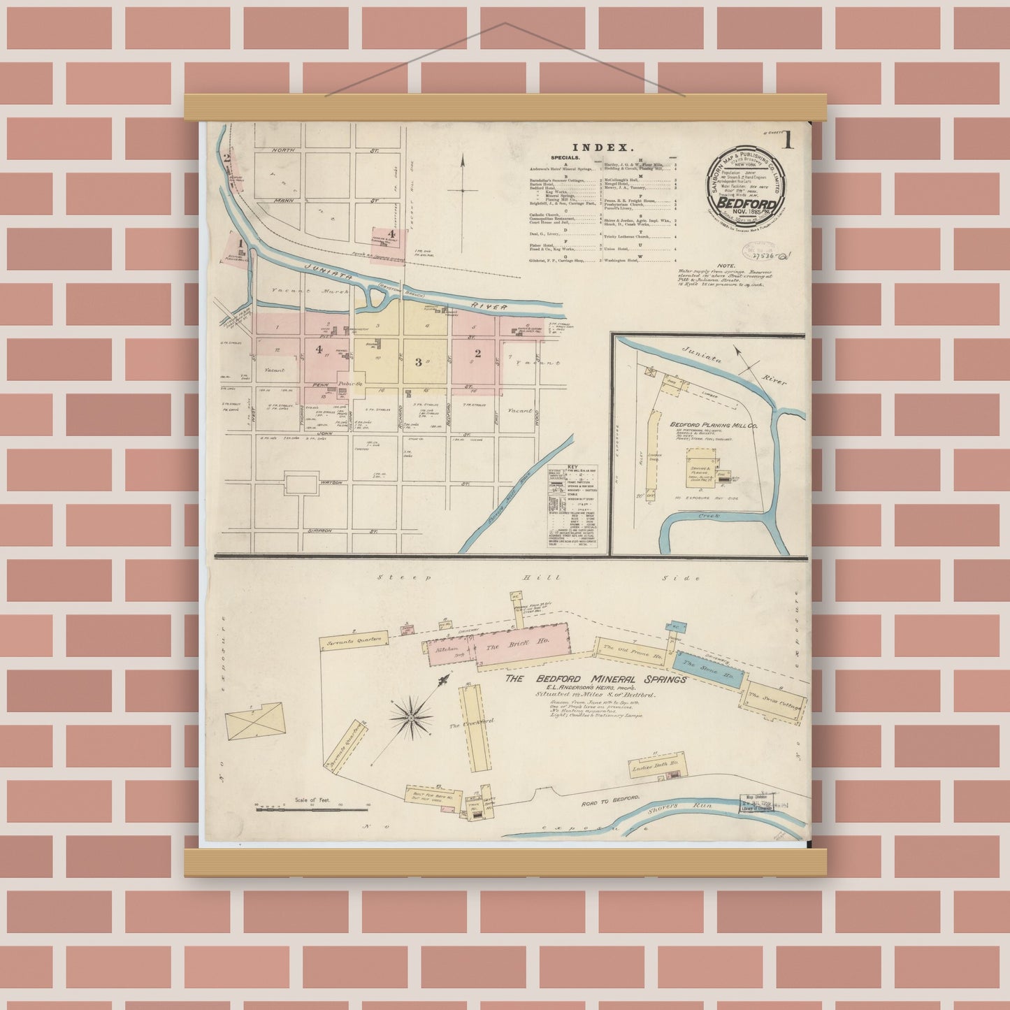 Old map wall art mockup — magnetic wood frame on brick wall — Sanborn Fire Insurance Map from Bedford, Bedford County, Pennsylvania (1885) - Complete Map Set
