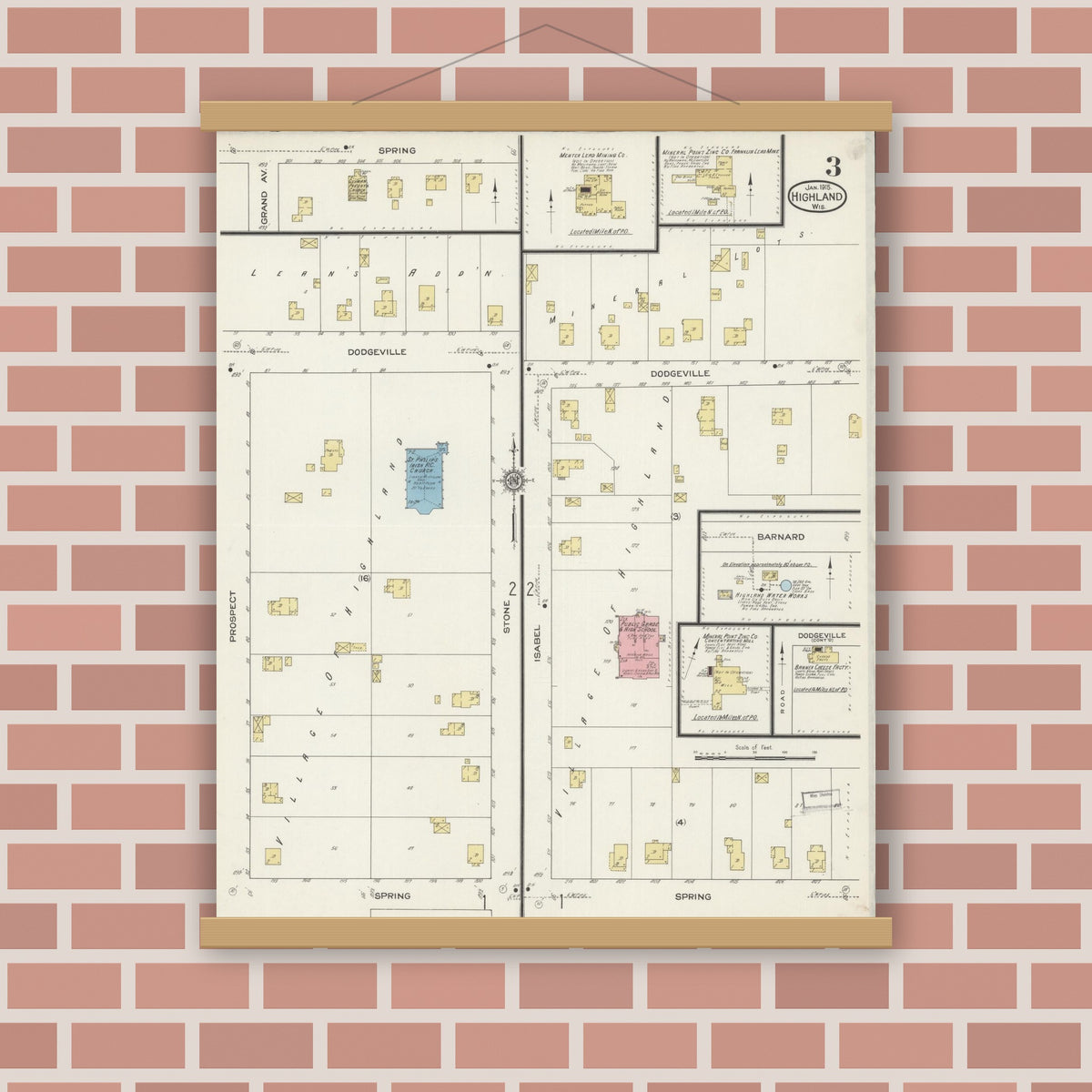 Old map wall art mockup — magnetic wood frame on brick wall — Sanborn Fire Insurance Map from Highland, Iowa County, Wisconsin (1915), Sheet #0003