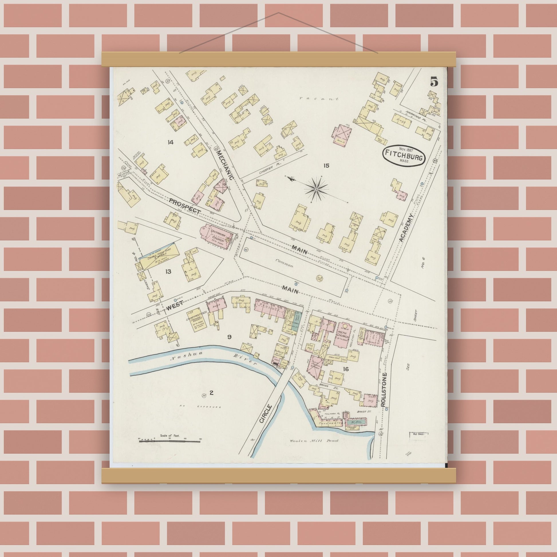 Old map wall art mockup — magnetic wood frame on brick wall — Sanborn Fire Insurance Map from Fitchburg, Worcester County, Massachusetts (1887), Sheet #0005
