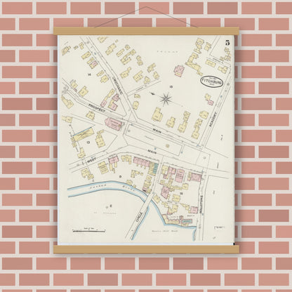 Old map wall art mockup — magnetic wood frame on brick wall — Sanborn Fire Insurance Map from Fitchburg, Worcester County, Massachusetts (1887), Sheet #0005