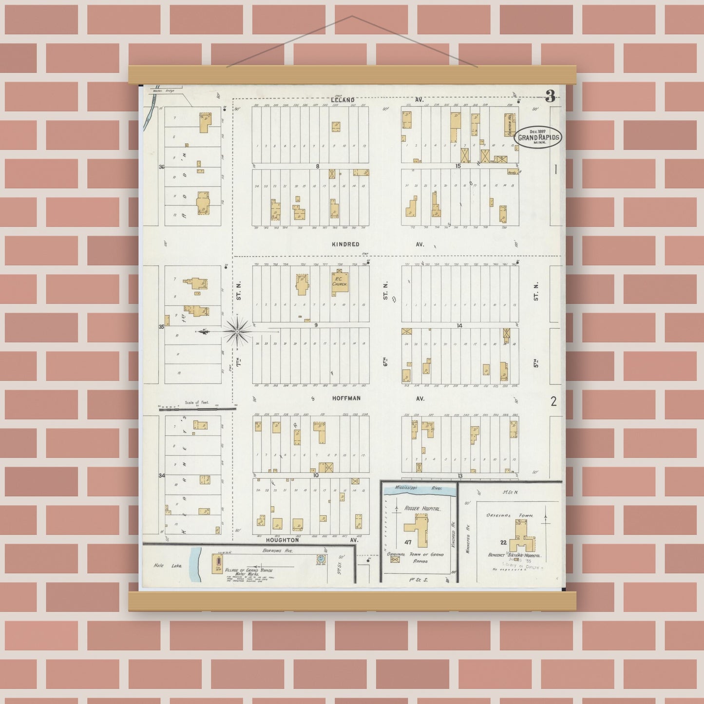 Old map wall art mockup — magnetic wood frame on brick wall — Sanborn Fire Insurance Map from Grand Rapids, Itasca County, Minnesota (1897), Sheet #0003