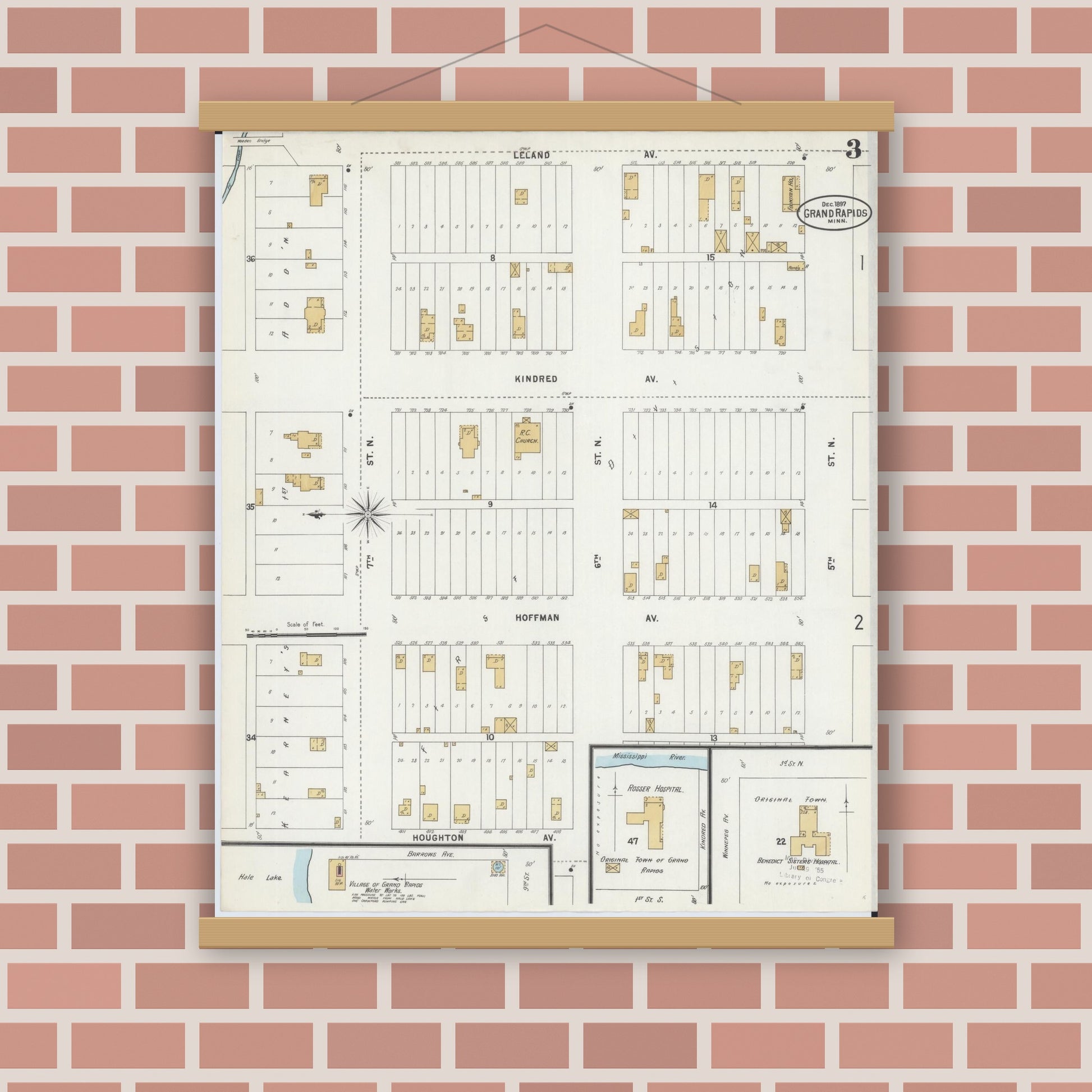 Old map wall art mockup — magnetic wood frame on brick wall — Sanborn Fire Insurance Map from Grand Rapids, Itasca County, Minnesota (1897), Sheet #0003