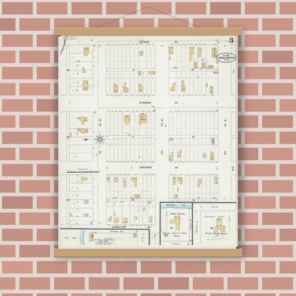 Old map wall art mockup — magnetic wood frame on brick wall — Sanborn Fire Insurance Map from Grand Rapids, Itasca County, Minnesota (1897), Sheet #0003