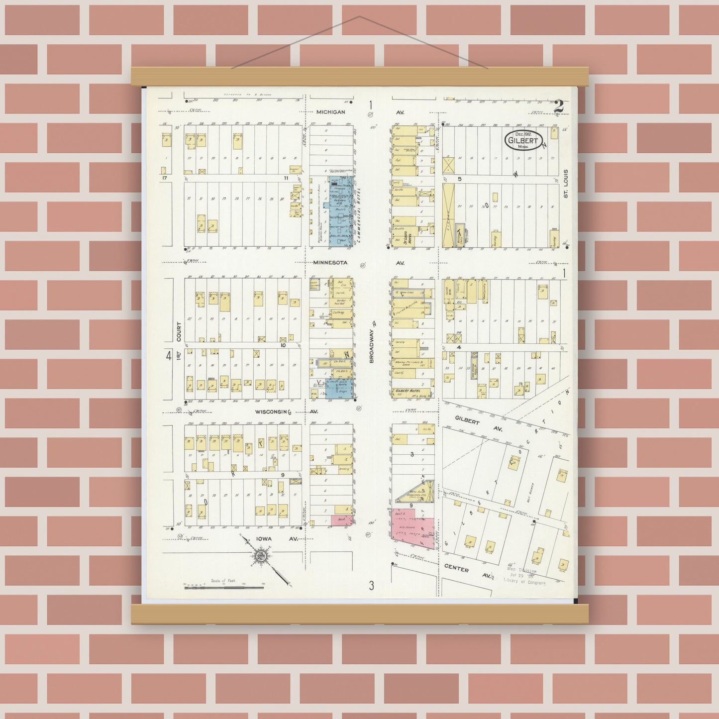 Old map wall art mockup — magnetic wood frame on brick wall — Sanborn Fire Insurance Map from Gilbert, Saint Louis County, Minnesota (1912), Sheet #0002