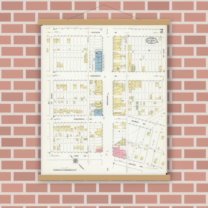 Old map wall art mockup — magnetic wood frame on brick wall — Sanborn Fire Insurance Map from Gilbert, Saint Louis County, Minnesota (1912), Sheet #0002