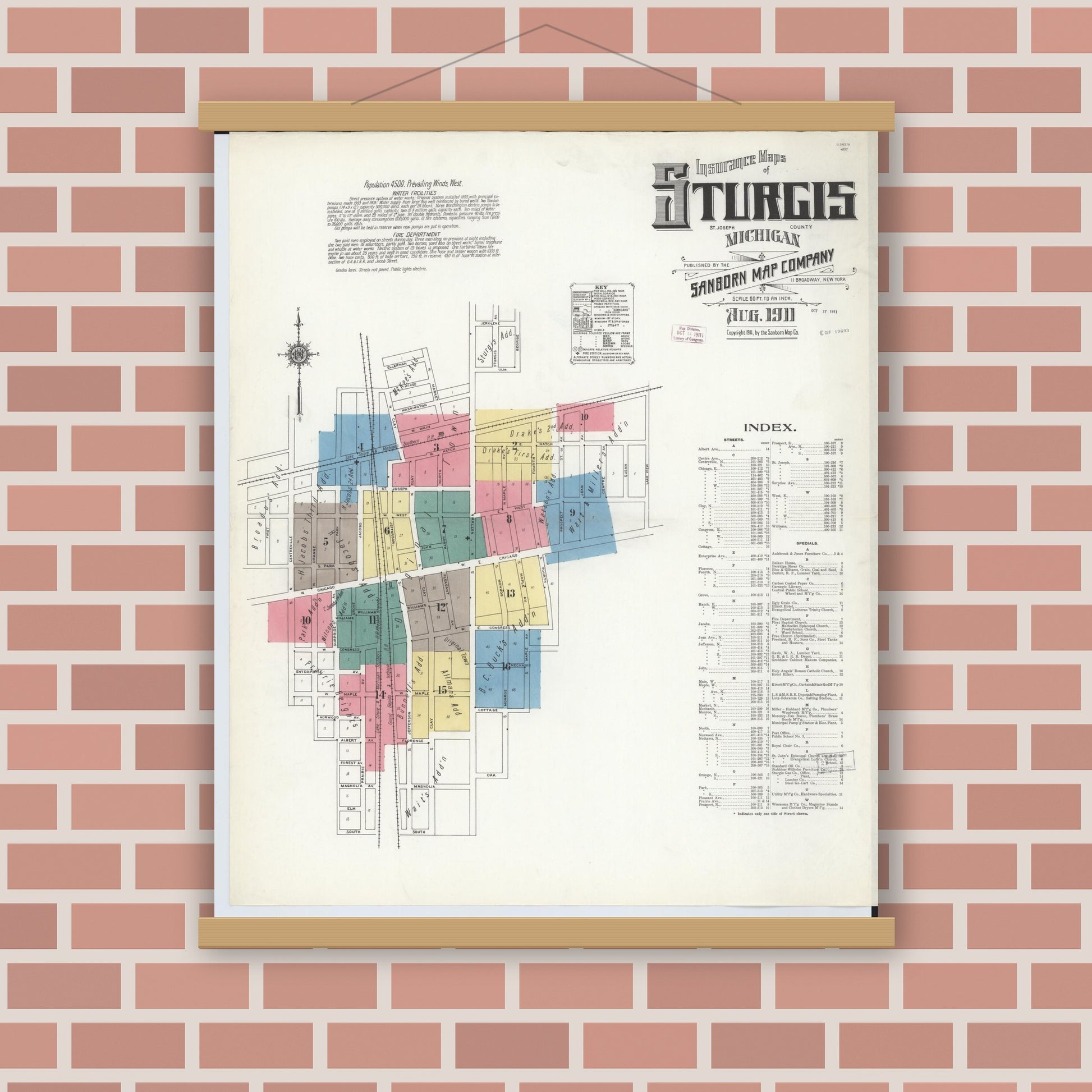 Old map wall art mockup — magnetic wood frame on brick wall — Sanborn Fire Insurance Map from Sturgis, Saint Joseph County, Michigan (1911), Sheet #0001