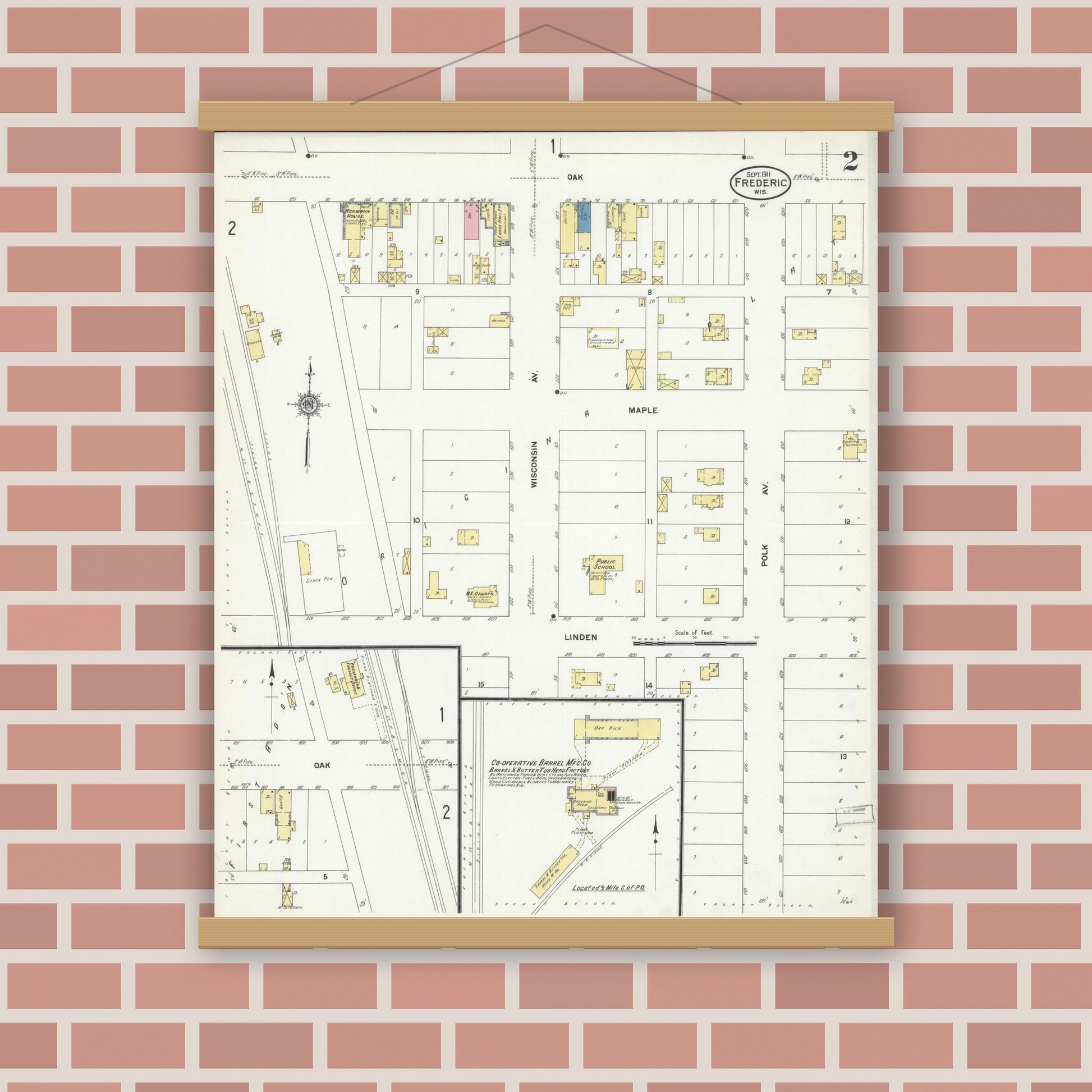 Old map wall art mockup — magnetic wood frame on brick wall — Sanborn Fire Insurance Map from Frederic, Polk County, Wisconsin (1911), Sheet #0002