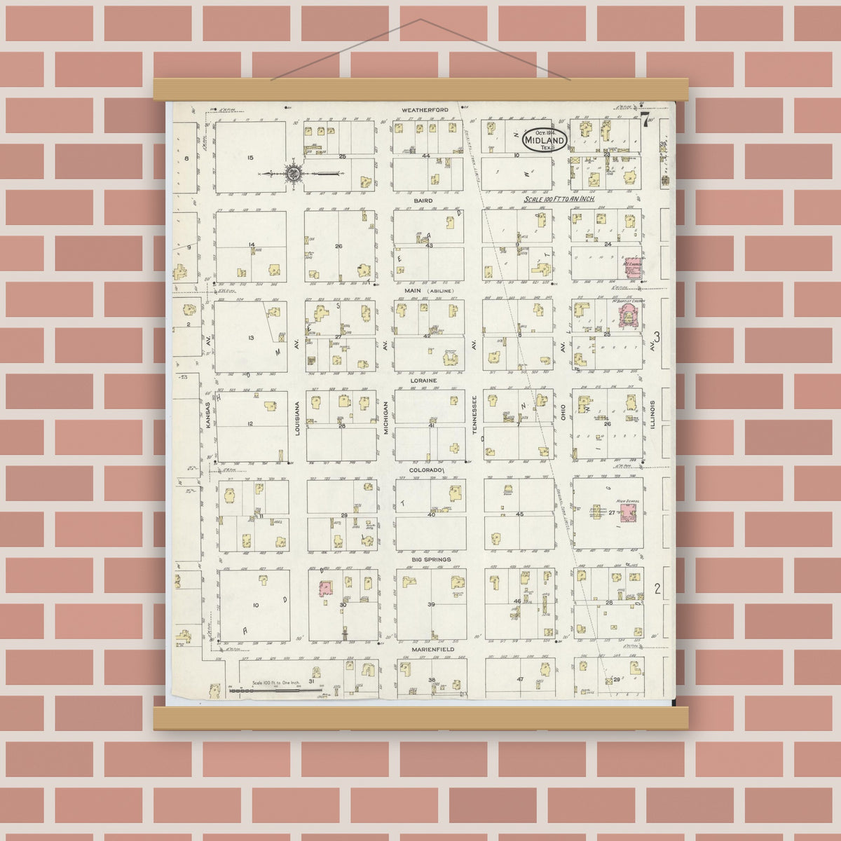 Old map wall art mockup — magnetic wood frame on brick wall — Sanborn Fire Insurance Map from Midland, Midland County, Texas (1914), Sheet #0007