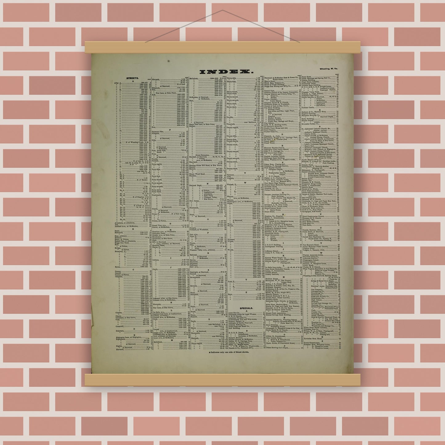 Old map wall art mockup — magnetic wood frame on brick wall — Sanborn Fire Insurance Map from Wheeling, Ohio County, West Virginia (1902), Sheet #0001