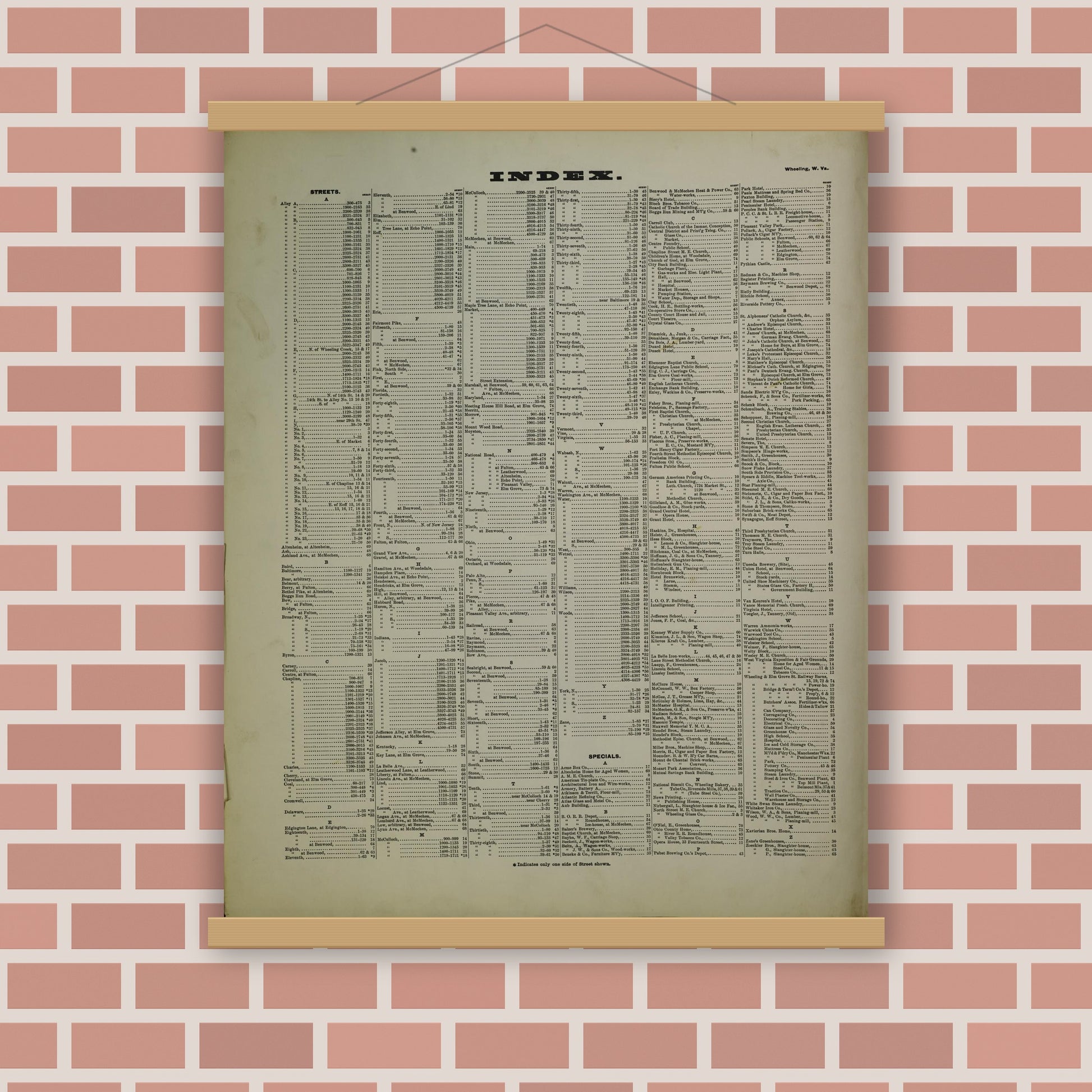 Old map wall art mockup — magnetic wood frame on brick wall — Sanborn Fire Insurance Map from Wheeling, Ohio County, West Virginia (1902), Sheet #0001