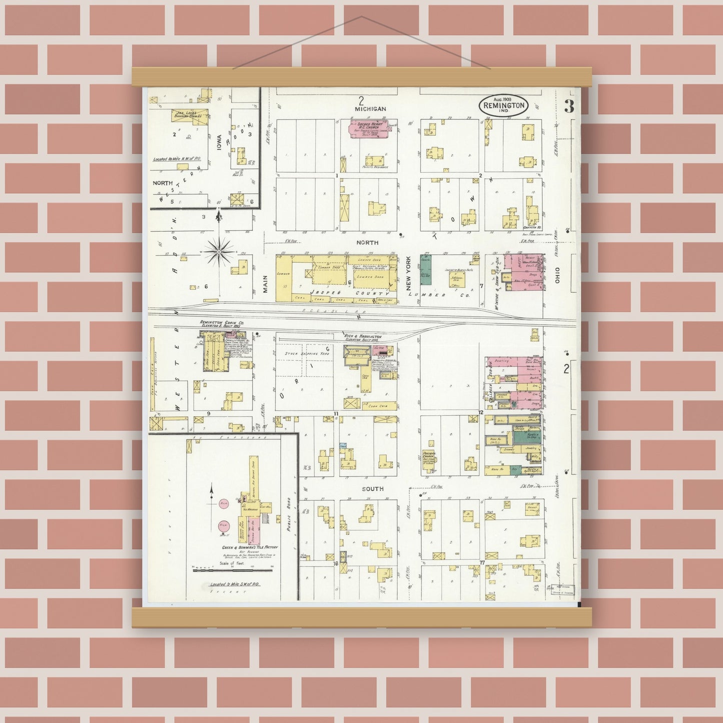 Old map wall art mockup — magnetic wood frame on brick wall — Sanborn Fire Insurance Map from Remington, Jasper County, Indiana (1909), Sheet #0003