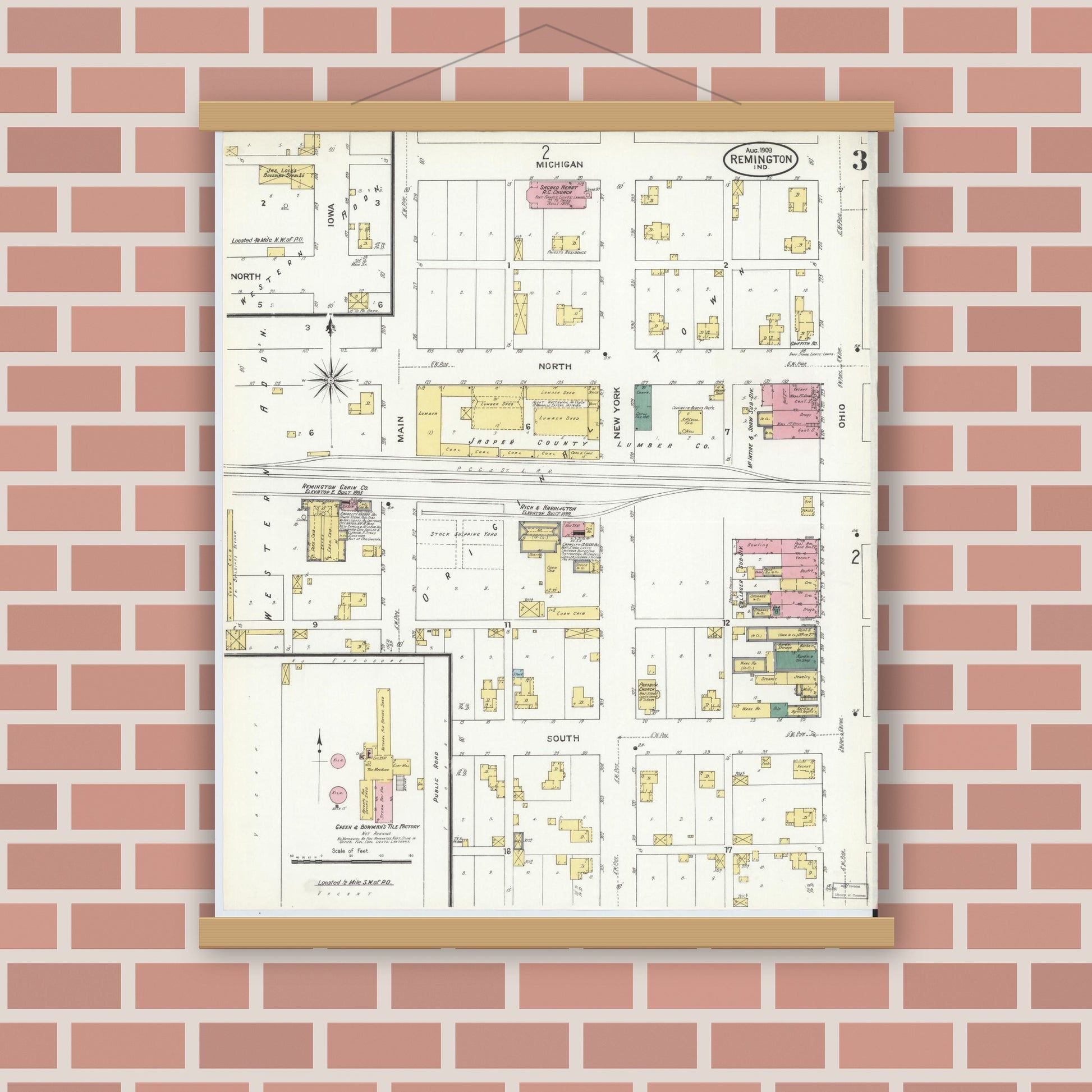 Old map wall art mockup — magnetic wood frame on brick wall — Sanborn Fire Insurance Map from Remington, Jasper County, Indiana (1909), Sheet #0003