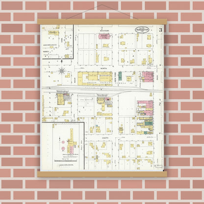 Old map wall art mockup — magnetic wood frame on brick wall — Sanborn Fire Insurance Map from Remington, Jasper County, Indiana (1909), Sheet #0003